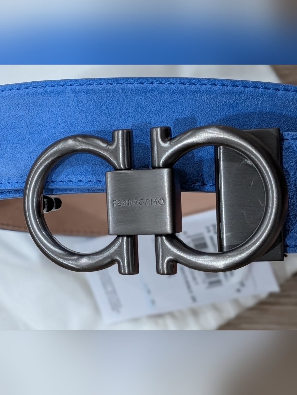 $550 Salvatore Ferragamo Gancini Suede Belt Blue Naturale 95 US 38 - Picture 2 of 5